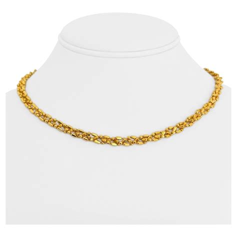 18 Karat Yellow Gold Heavy Braided Beaded Mirror Bar Link Necklace For