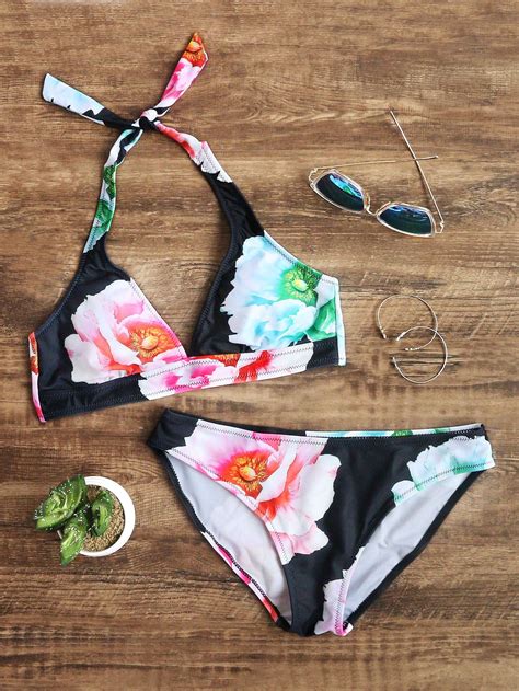 Shop Black Floral Print Halter Bikini Set Online SheIn Offers Black