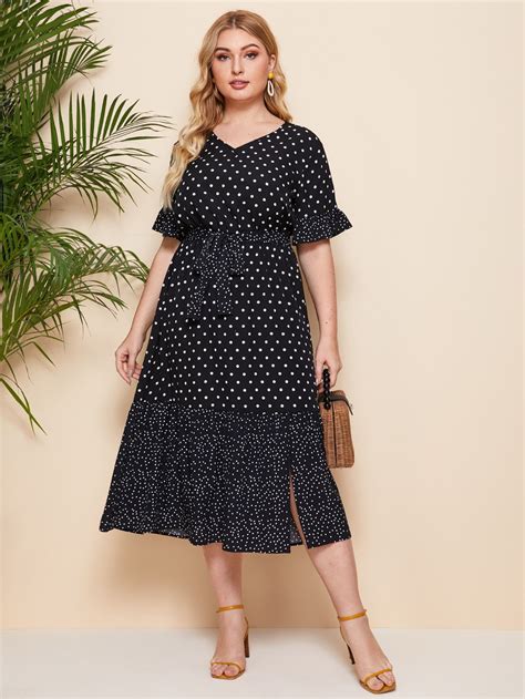 Plus Polka Dot Surplice Front Belted Dress Pattern Dress Women Plus