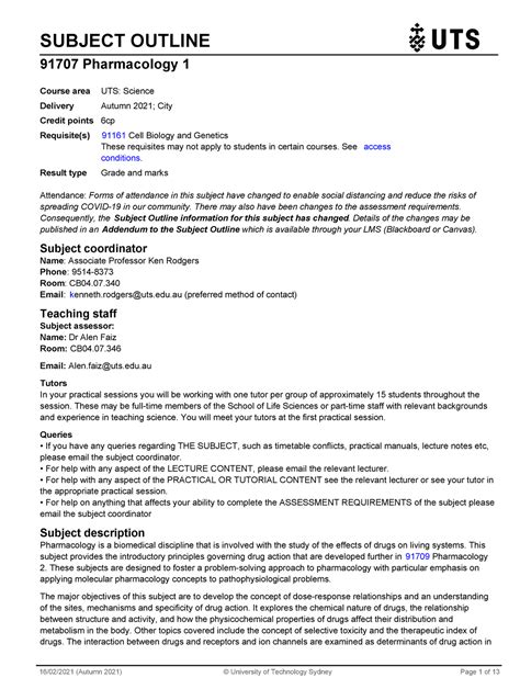 Pharmacology 1 Syllabus Subject Outline 91707 Pharmacology 1