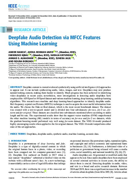 Pdf Deepfake Audio Detection Via Mfcc Features Using Machine Learning