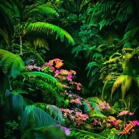 Lush And Exotic Green Jungle With Vines And Colorful Flowers On Craiyon