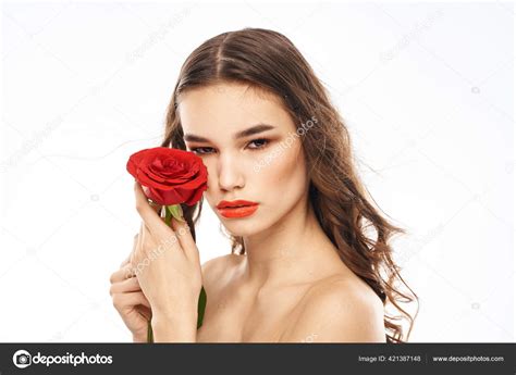 Woman With Naked Shoulders And Red Rose Evening Makeup Light Background Stock Photo By