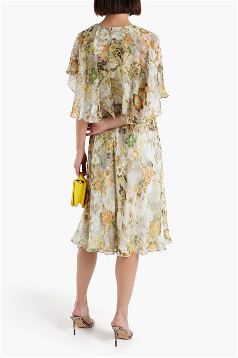 Mikael Aghal Cape Effect Floral Print Chiffon Midi Dress In Light Green