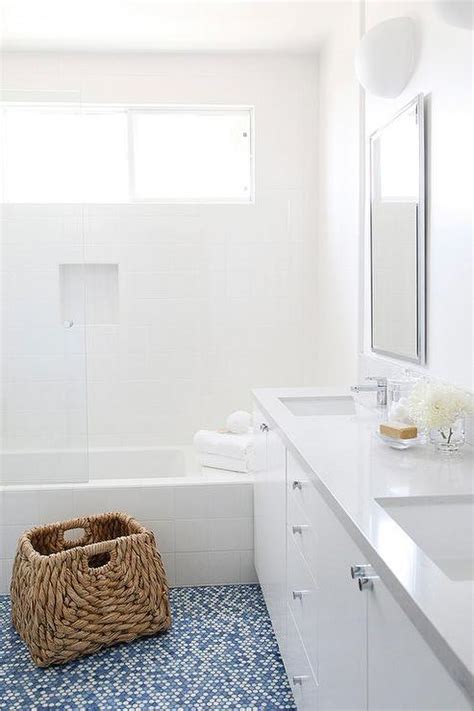 White And Blue Hexagon Bath Floor Tiles Transitional Bathroom