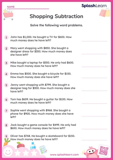 Subtract Within 1000 Shopping Word Problems — Printable Math Worksheet