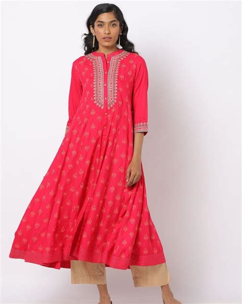 Floral Print Flared Kurta With Embroidery JioMart