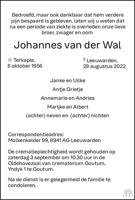 Johannes Van Der Wal 29 08 2022 Overlijdensbericht En Condoleances