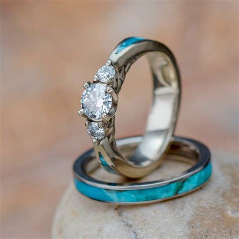 Turquoise Bridal Set With Three Stone Engagement Ring And Matching