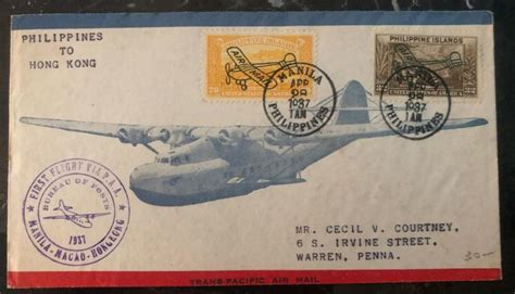 1937 Manila Philippines First Flight Cover FFC To USA Via Hong Kong