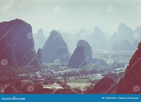 Landscape of Guilin, Karst Mountains. Located Near Yangshuo, Gui Stock ...