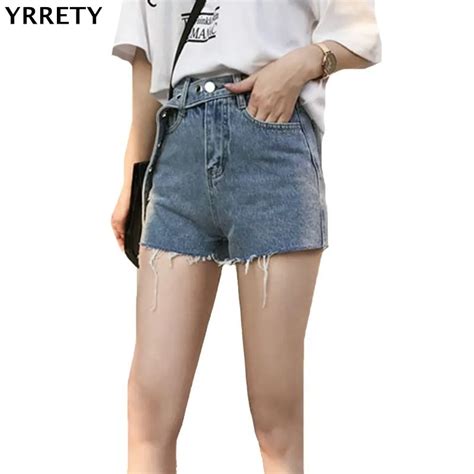 Yrrety Summer Vintage Denim Shorts For Women Light Blue Fringed High