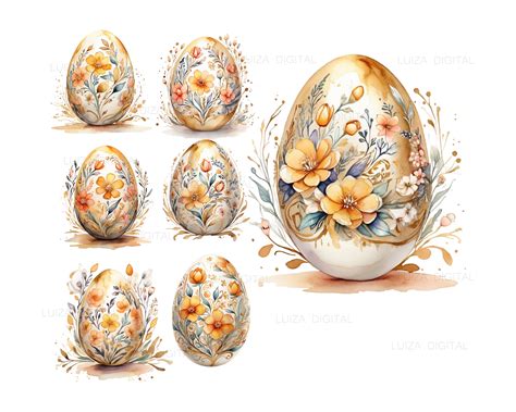 Gold Easter Egg Clipart, Rabbit Clipart, Gold Floral Easter Egg Clipart ...