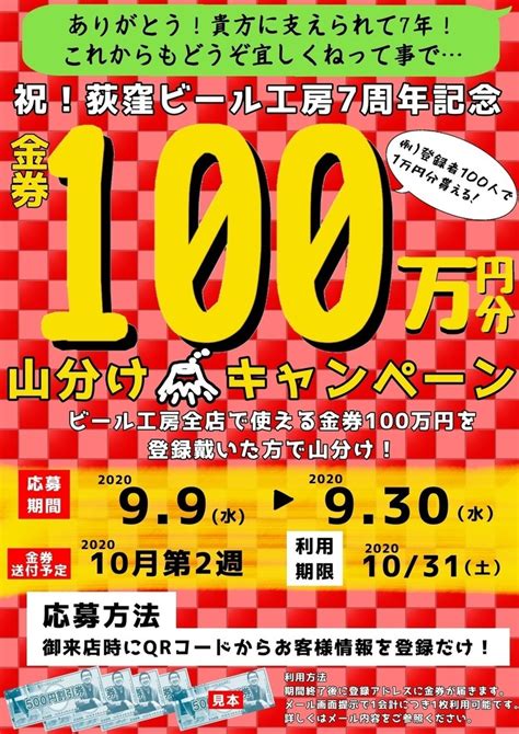 【ビール工房全店実施】金券100万円山分けキャンペーン！（99～30） 【公式】ビール工房 店内で醸造した「できたて」のビールが飲める街