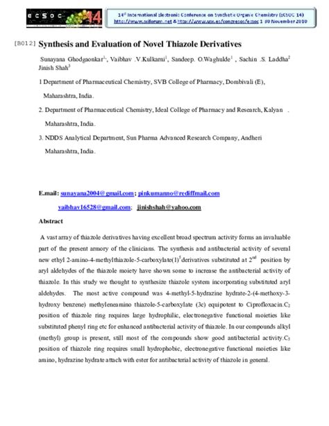 (PDF) Synthesis and Evaluation of Novel Thiazole Derivatives