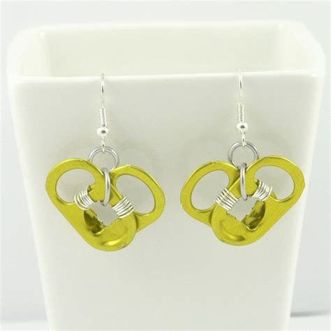 Metalic Yellow Pop Tab Heart Earrings Wire Wrapped By Tabsolute