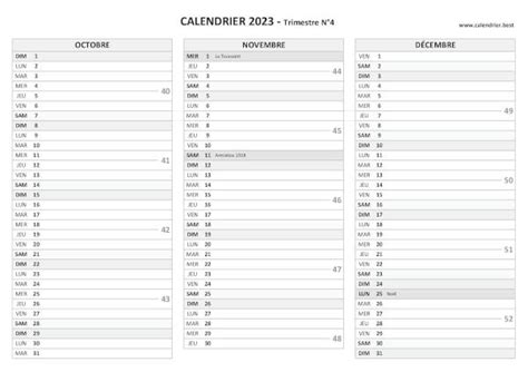 Calendrier pour le 4ème trimestre 2023 mois d octobre novembre et