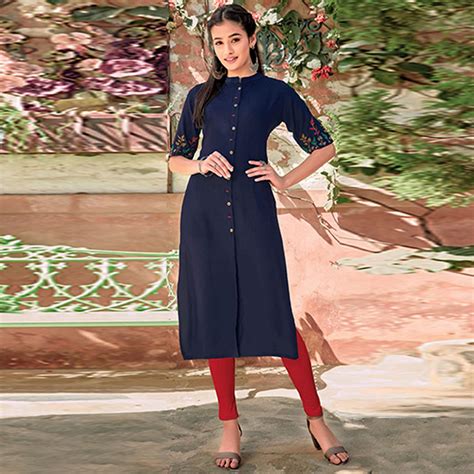 Navy Blue Floral Embroidered Rayon Kurti