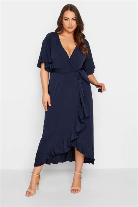 Yours London Curve Plus Size Navy Blue Short Sleeve Ruffle Wrap Maxi Dress Yours Clothing