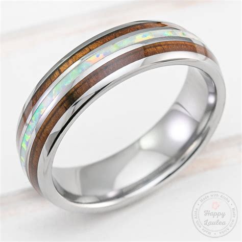 Tungsten Carbide 6mm Ring With White Opal And Hawaiian Koa Wood Tri Inla Happylaulea