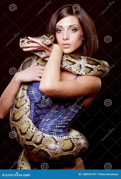 Brunette Holding Python Stock Image Image Of Gorgeous 128024739