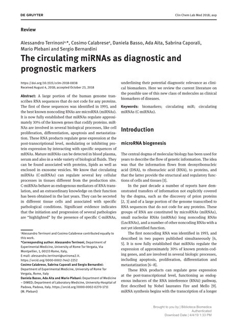 Pdf The Circulating Mirnas As Diagnostic And Prognostic Markers