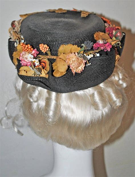 antique victorian black woven straw hat  millinery flowers etsy