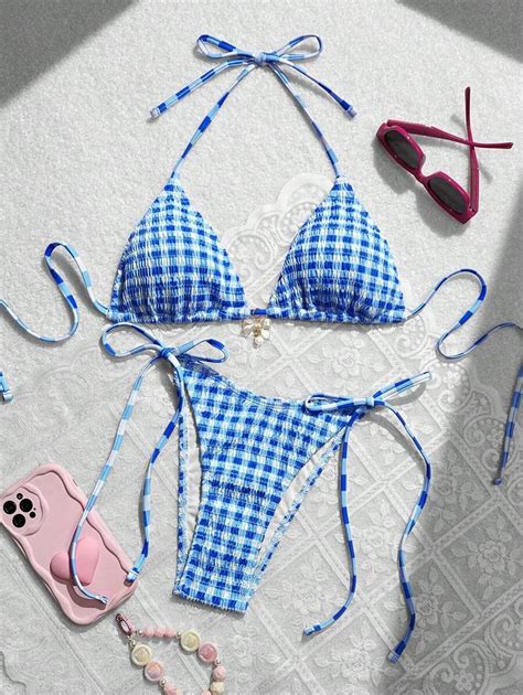 Shein Swim Mod Women S Sexy Plaid Halter Neck Tie Bikini Set For Summer