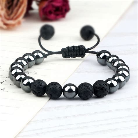 Pulsera Cuarzo Hematita Volcanica Tejida Unisex Estuche Luegopago