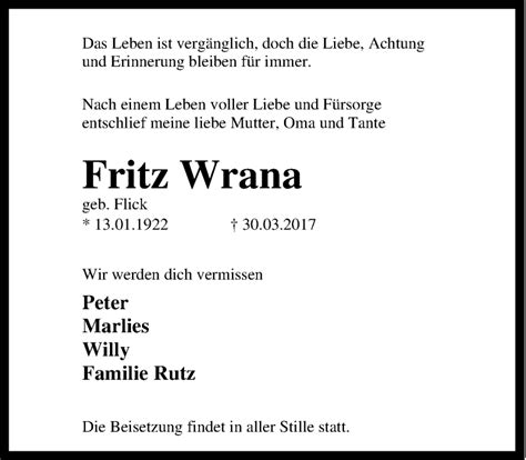 Traueranzeigen Von Fritz Wrana Trauer In Nrw De