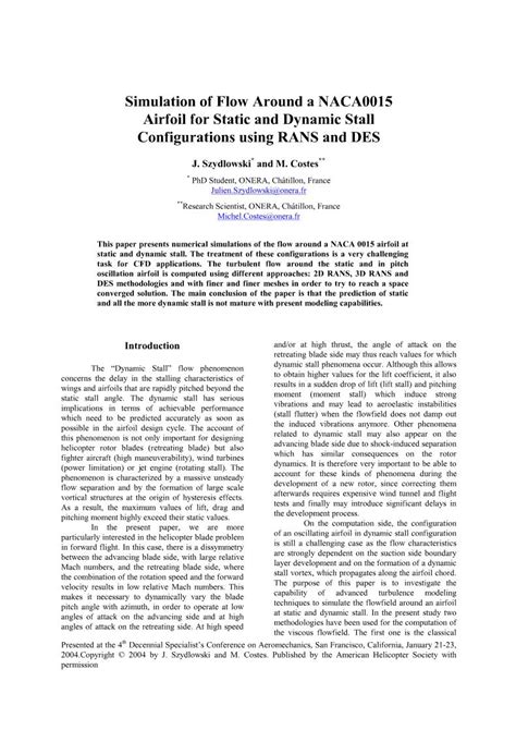 Simulation of Flow Around a NACA 0015 Airfoil for Static and Dynamic Stall Configurations using ...