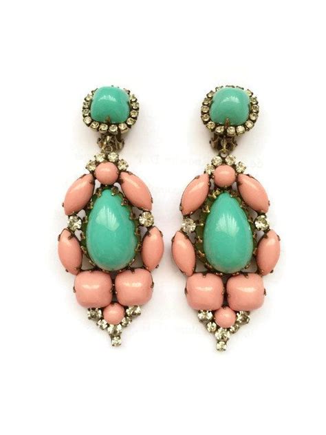 Kenneth Jay Lane Turquoise And Pink Jeweled Earrings Vintage Costume