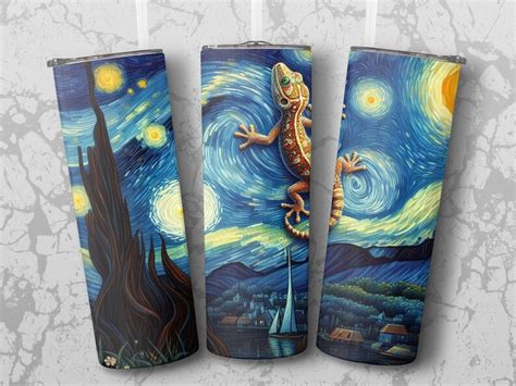 Gecko Starry Night Tumbler PNG Wrap Van Gogh Art Straight Tumbler