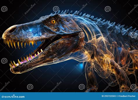 A T - Rex with Its Mouth Open and Glowing Teeth, Celestial Outline ...