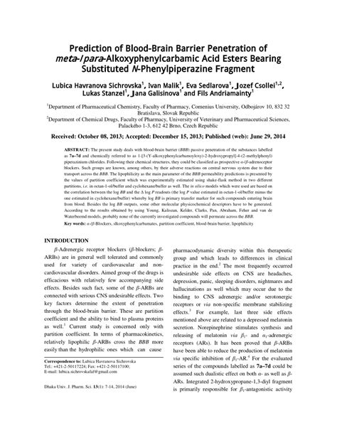 PDF Prediction Of Blood Brain Barrier Penetration Of Meta Para