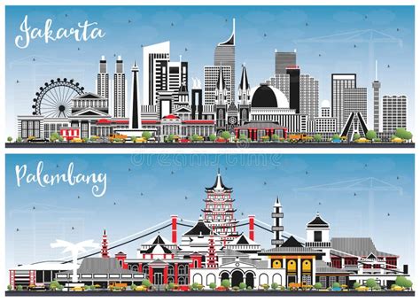 Jakarta And Palembang Indonesia City Skylines With Gray Buildings And