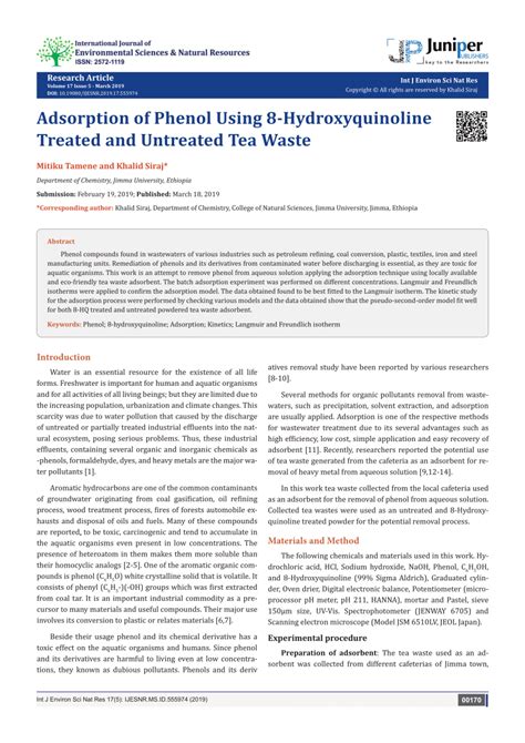 PDF Adsorption Of Phenol Using 8 Hydroxyquinoline Treated And