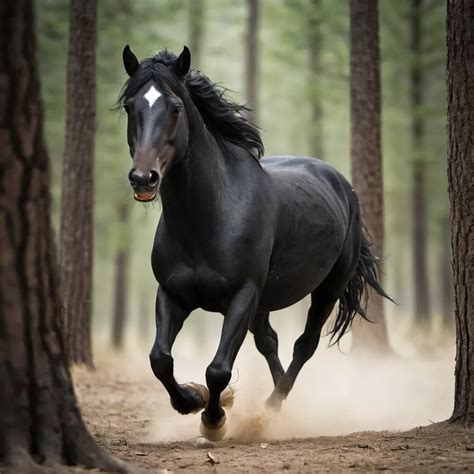 Black Mustang Horse Running In A Forest