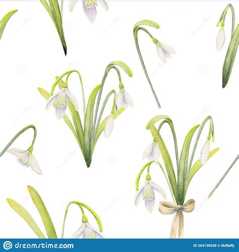 Watercolor Hand Drawn Seamless Pattern With Spring Flowers Snowdrops