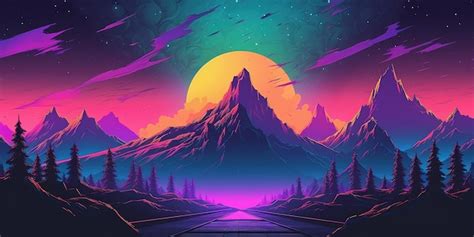 Fond d écran esthétique retrowave synthwave de montagne avec un design