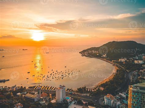 Vung Tau City Aerial View With Beautiful Sunset And So Many Boats Panoramic Coastal Vung Tau