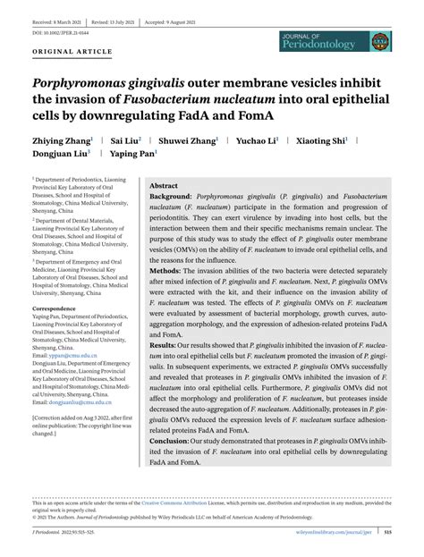 Pdf Porphyromonas Gingivalis Outer Membrane Vesicles Inhibit The