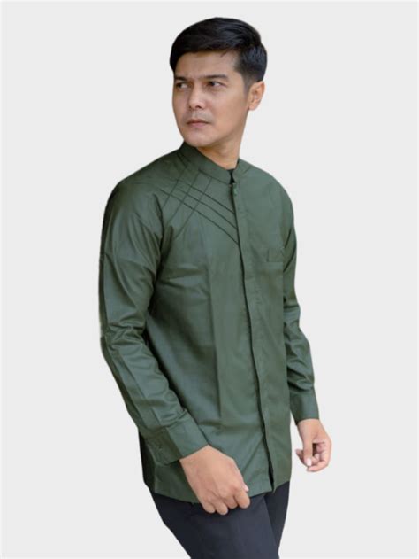 Jual Baju Koko Pria Lengan Panjang Warna Olive Motif Marvel Elrumi