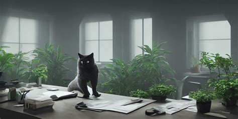 KREA AI Cat Desk Office Mirrors Plants Gloomy Strange Weir