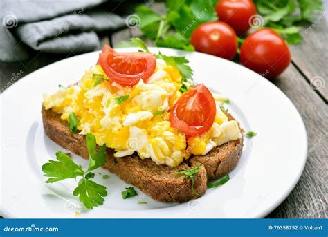 Scrambled Eggs On Bread Stock Photo Image Of Fried Appetizer 76358752