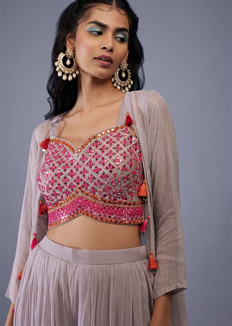 Buy Pink Georgette Crop Top And Palazzo Set With Mirror Embroidery