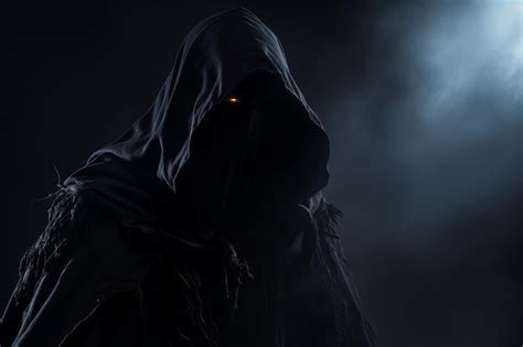 Premium Ai Image A Dark Figure In A Hooded Robe With Glowing Eyes