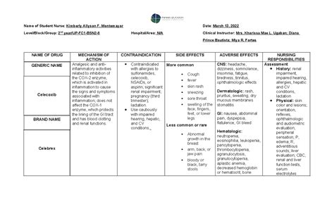 Drug Study For Celecoxib Name Of Student Nurse Kimberly Allyson F