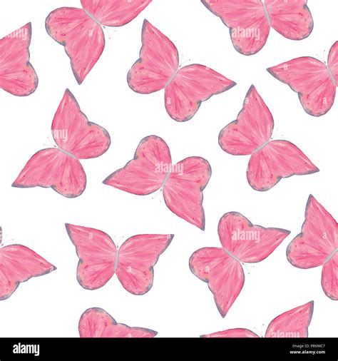 Watercolor Pink Butterfly Seamless Pattern Hand Drawn Texture Stock