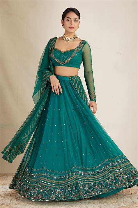 Buy Green Nylon Embroidered Nakshi Sweetheart Neck Floral Lehenga Set